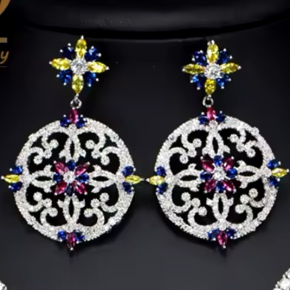 Colorful CZ Long Flower Round, Wedding, Pageant, Dangle Luxury Earrings - Picture 5 of 5